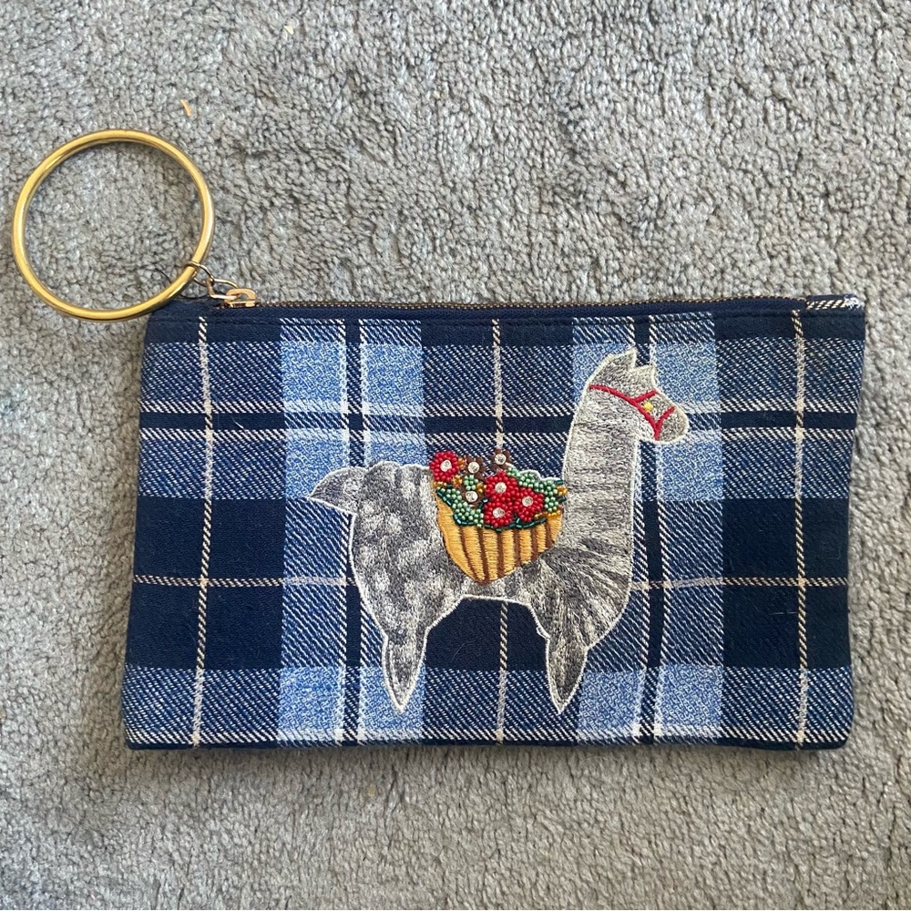 Anthropologie Violet + Brooks Llama Tartan Pouch Clutch Wristlet w Gold Hardware